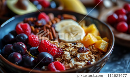 Colorful breakfast bowl filled with fresh fruits, nuts, and oats, perfect for a nutritious and delicious start to the day. 111625677