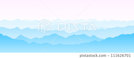 Mountain range silhouettes on sunset or sunrise. Pink morning panoramic landscape view. Mountain ridges and hills background. Blue mount peaks with mist and fog. Vector scenery terrain illustration  111626701