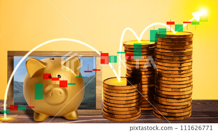 Piggy bank with stack of golden coins with an increased graph arrow 111626771