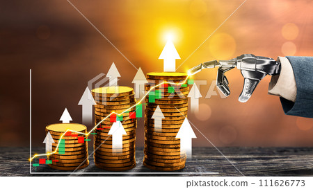 The robotic hand touches the Stair stack of golden coins with an increasing graph arrow The robotic hand touches the Stair stack of golden coins with an increasing graph arrow 111626773