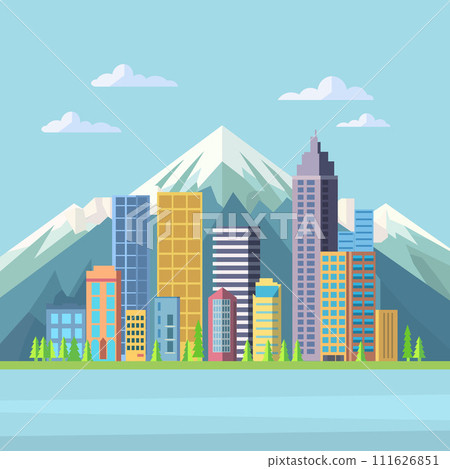 Skyscrapers Building with Mountain View in Bright Day Flat Design Skyscrapers Building with Mountain View in Bright Day Flat Design 111626851