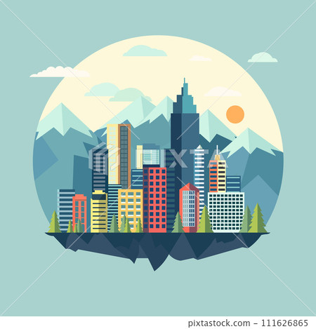 Circle Cityscape Building with Mountain View in Bright Day Flat Design Illustration Circle Cityscape Building with Mountain View in Bright Day Flat Design Illustration 111626865