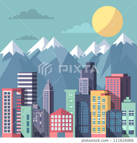 Cityscape House Building with Mountain Landscape Flat Design Illustration 111626866