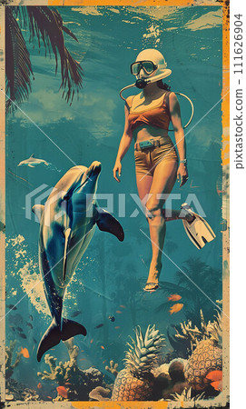Retrofuturism A couple in vintage diving gear discovering a baby dolphin near a pineapple reef ai generated 111626904