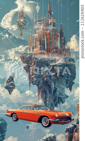 Retrofuturism An orange car flying past a high tech castle among floating islands ai generated 111626905