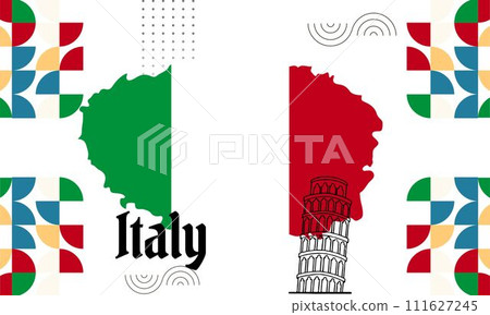 Italia banner with geometric cultural icons and italian flag color scheme. Italia banner with geometric cultural icons and italian flag color scheme. 111627245