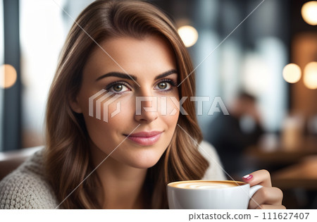 AI-generated content. An attractive young woman enjoys drinking coffee from a white cup on the street, looking at the camera 111627407