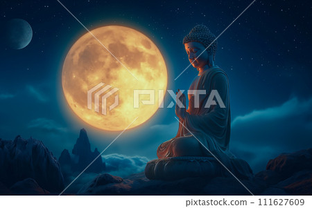 A Buddha statue in meditation beneath the full moon and surrounded by lotus. The concept evokes a sense of serenity and spiritual reflection. Generative AI. 111627609
