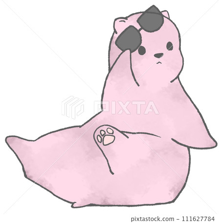 A polar bear (cherry blossom color) twisting its body to face the right while raising its sunglasses. 111627784
