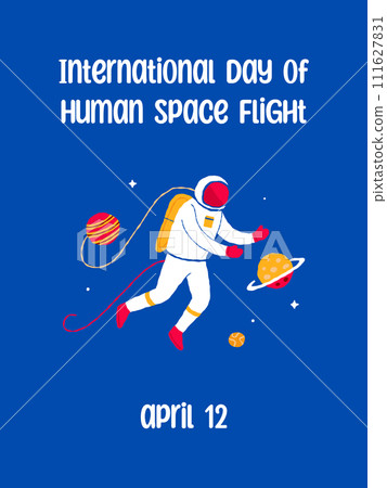 12 April International Day of Human Space Flight. Galaxy postcard with lettering and cosmonaut. Hand drawn flat cartoon elements. Vector illustration 12 April International Day of Human Space Flight. Galaxy postcard with lettering and cosmonaut. Hand drawn flat cartoon elements. Vector illustration 111627831