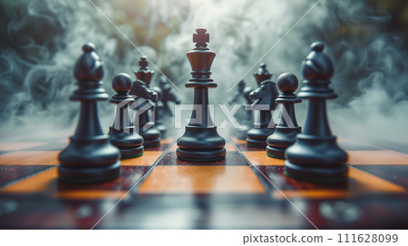Set of chess pieces element stating on chessboard, queen rook. Cinematic lighting. Leadership, teamwork, partnership, business strategy, and decision concept. Generative Ai. 111628099