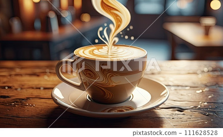 AI-generated content. Coffee cup with latte art on wooden table in cafe. Perfect for coffee advertisements 111628528