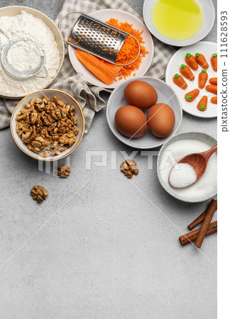 Ingredients for baking carrot cake 111628593