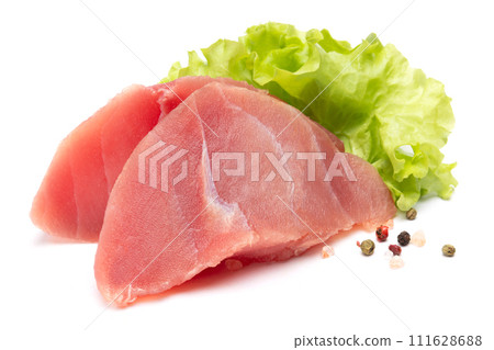 Fresh tuna Fish steak isolated on a white background 111628688