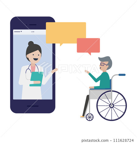 Elderly men in wheelchairs who have difficulty commuting to the hospital can receive home medical care through online medical treatment on their smartphones. 111628724