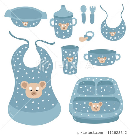 Children set of dishes. Vector set of blue polka dot color kids tools. Baby set. Vector clipart. 111628842