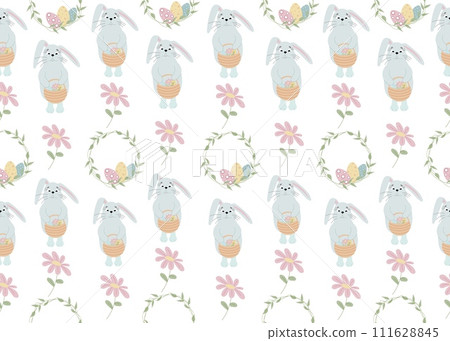 Seamless pattern with bunnies, easter wreath and flowers on white background. 111628845