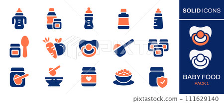 Baby food icon set. Collection of bottle, spoon, jar, powder, milk and more. Vector illustration. Easily changes to any color. 111629140