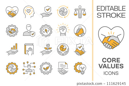 Core values icons, such as business, social responsibility, mission, integrity, leadership and more. Editable stroke. 111629145