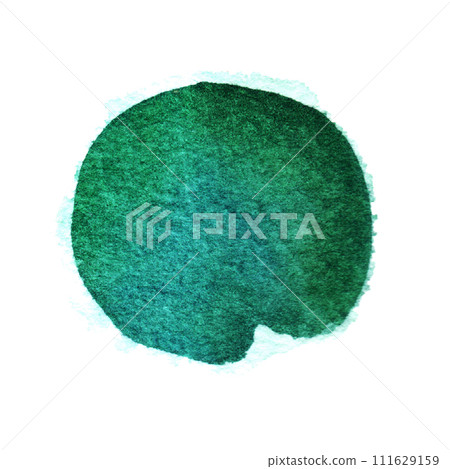 Green circle painted watercolor on paper. Watercolour round shape isolated on white background 111629159