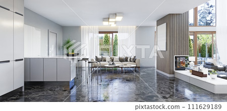 rendering of white modern living room with fireplace 111629189