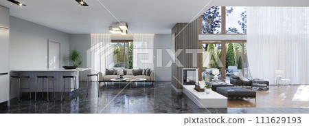 rendering of white modern living room with fireplace 111629193