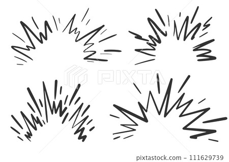 Cartoon boom effect. Vector comic bomb explosion. Doodle energy hit, speed crash with sparks. Power action elements set for manga and anime Cartoon boom effect. Vector comic bomb explosion. Doodle energy hit, speed crash with sparks. Power action elements set for manga and anime 111629739