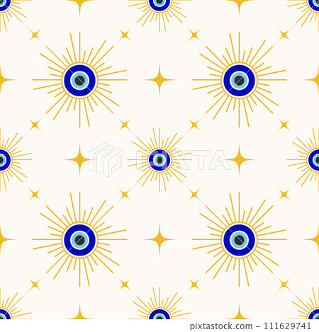 Evil eye seamless pattern. Turkish and Greek blue bead symbol. Magic nazar and ethnic circle amulet for luck. Vector spiritual ornament Evil eye seamless pattern. Turkish and Greek blue bead symbol. Magic nazar and ethnic circle amulet for luck. Vector spiritual ornament 111629741