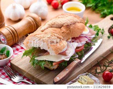 Baguette sandwich with plenty of toppings 111629859