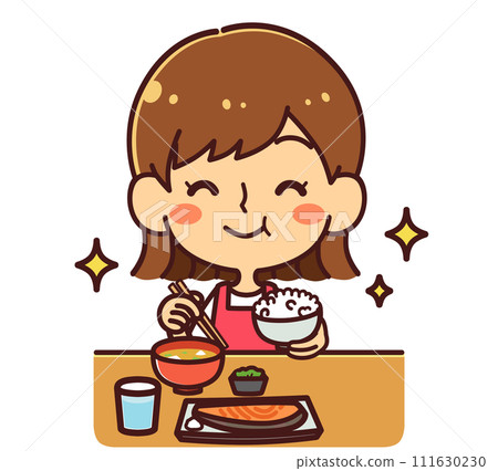 微笑吃飯的女孩插畫素材 微笑吃飯的女孩插畫素材 111630230