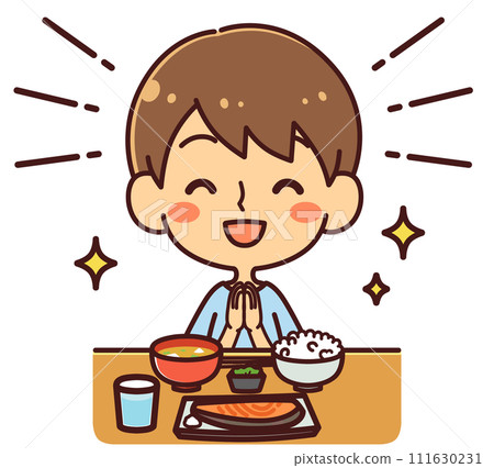 微笑著做 itadakimasu 的男孩插畫素材 111630231
