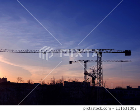 The silhouette of a tower crane against the background of the sky and the city. The silhouette of a tower crane against the background of the sky and the city. 111631002