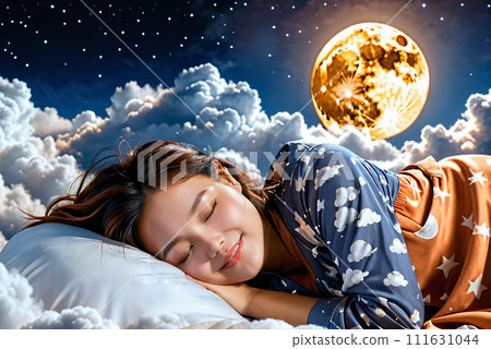 一個女人在夜空和雲彩上熟睡 一個女人在夜空和雲彩上熟睡 111631044