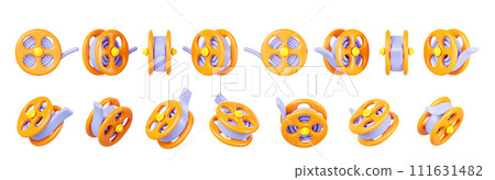 3d set of film reel or spool with cinema tape render icons. Film roll for video camera or projector isolated on white background. Movie industry element, cartoon color graphic design. 3D illustration 111631482