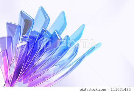Abstract 3d background wallpaper with glass rainbow rectangle wave plates in shape flower. Translucent iridescent crystal with blue pink hologram gradient texture, digital tech banner. 3D illustration Abstract 3d background wallpaper with glass rainbow rectangle wave plates in shape flower. Translucent iridescent crystal with blue pink hologram gradient texture, digital tech banner. 3D illustration 111631483