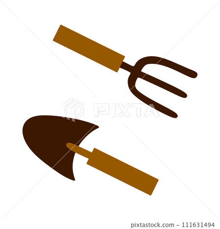 Shovel and Hoe are gardening tools. Vector flat Design Illustration isolated White background. Garden Equipment Elements for Cultivating and Farming. Design art for Card, Poster, Banner. 111631494