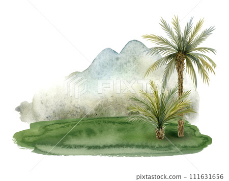 Tropical landscape with coconut palm trees, grass and mountains watercolor illustration isolated on white for summer jungle rainforests or prehistorical designs and travel brochures for vacation 111631656