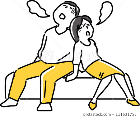 A man and a woman sitting on chairs with exhaustion A man and a woman sitting on chairs with exhaustion 111631755