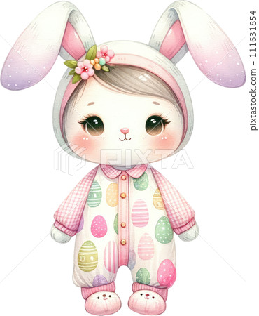 Easter bunny in a cute egg-print onesie, complete with a cozy hood and a warm, inviting smile Easter bunny in a cute egg-print onesie, complete with a cozy hood and a warm, inviting smile 111631854