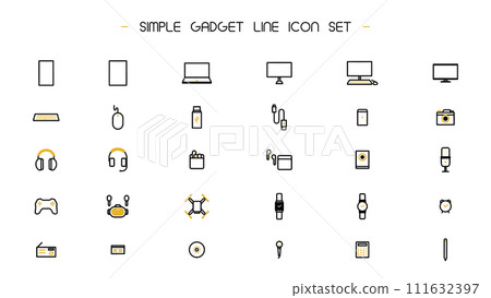 A simple line icon set (yellow) with various gadgets as motifs 111632397