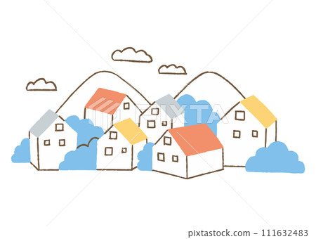 Houses lined up with mountains in the background_color 111632483