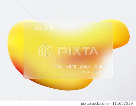 Glass morphism credit card template. Plastic rectangle of transparent plastic with blur effect. Liquid shapes morphism abstract art. 111632539