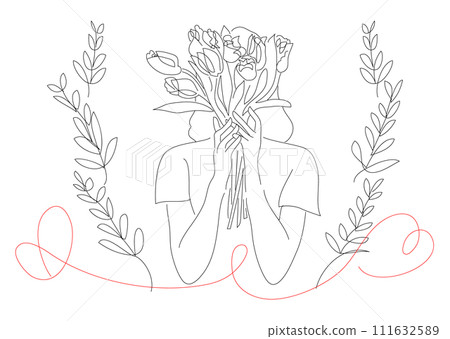 國際婦女節，畫線，女人，柔順，美麗堅強，心，植物，鬱金香 111632589