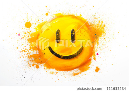 Smiling face on a white background with splashes of yellow paint 111633284