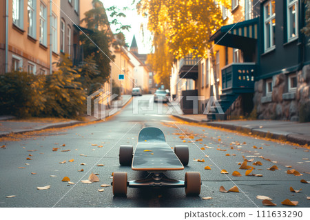 A skateboard sits idly on the side of the road, waiting for its rider. Street view with palm and lonely long board 111633290