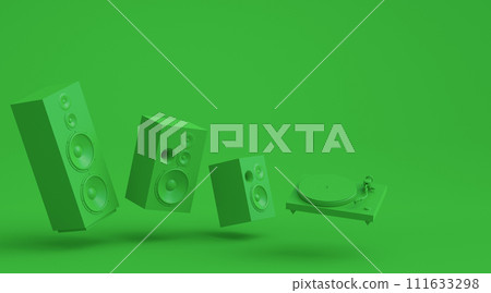 Set of Hi-fi speakers and DJ turntable for sound recording studio on monochrome Set of Hi-fi speakers and DJ turntable for sound recording studio on monochrome 111633298