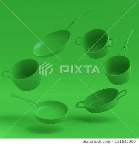 Set of flying stewpot, frying pan and plated cookware on monochrome background 111633300