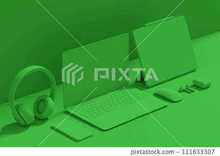 Aluminum laptop with graphic tablet, mouse, headphones and phone on monochrome Aluminum laptop with graphic tablet, mouse, headphones and phone on monochrome 111633307