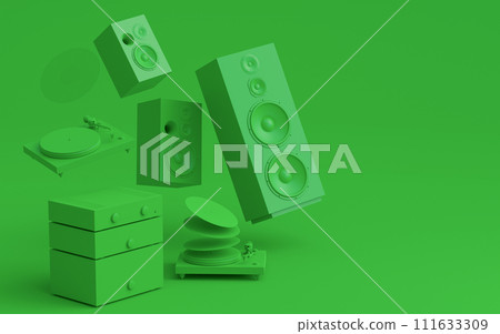 Set of Hi-fi speakers and DJ turntable with vinyl LP record on heap of covers 111633309