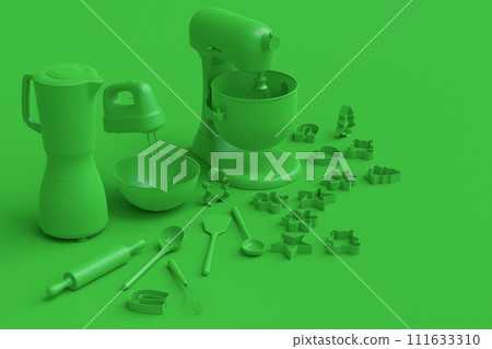 Electric kitchen appliances and utensils for making culinary on green monochrome 111633310